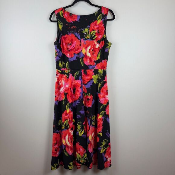 Perception Midi Floral Dress Women 10 Black Red Rose Sleeveless Beaded Bloomcore - Picture 3 of 9